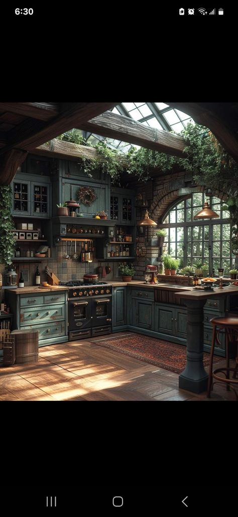 Slytherin Kitchen Aesthetic, Mystical Cottage Interior, Dark Cottagecore Decor Kitchen, Dark Cottagecore House Interior, Whimsical Kitchen Ideas, Cottage House Interior Design, Fairycore Kitchen, Dark Cottagecore Kitchen, Whimsigoth Kitchen