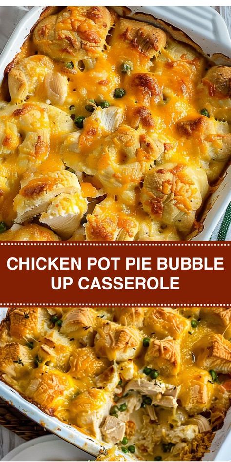 Looking for a delicious dinner idea? Try our Chicken Pot Pie Bubble Up Casserole! Packed with shredded chicken, creamy soup, veggies, and cheese, all topped with golden biscuits. It's comfort food at its finest! Perfect for family dinners or potlucks. Bubble Up Casserole, Casserole Dinners, Best Chicken Pot Pie, Chicken Pot Pie Casserole, Chicken Casseroles, Crock Pot Recipes, Chicken Pie, Bubble Up, Dinner Meal