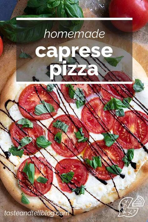 The perfect harmony of flavors, this Caprese Pizza features ripe tomatoes, creamy mozzarella, and fresh basil. Top it off with balsamic glaze to really take it over the top! Pizza With Balsamic Glaze, Caprese Pizza, Pizza Sweet, Tomato Pizza, Taste And Tell, Making Pizza, Paul Hollywood, Homemade Pizza Dough, Lemon Pasta