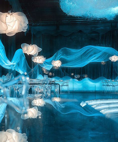 Water Interior Design Concept, Water Stage Design, Ocean Stage Design, Lighting Design Stage, Spa Lighting, Wedding Event Design, Water Element, Water Art, Communication Design