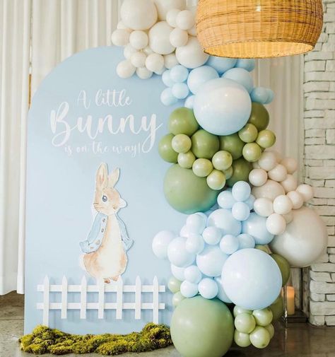 Peter Rabbit Decorations Party, Bunny Theme Backdrop, Peter Rabbit Sweet Table, Peter Rabbit Baby Shower Balloons, Some Bunny Baby Shower Party Ideas, Peter Rabbit Balloon Garland, Peter The Rabbit Birthday Party, Peter Rabbit Balloon Arch, Peter Rabbit Birthday Theme