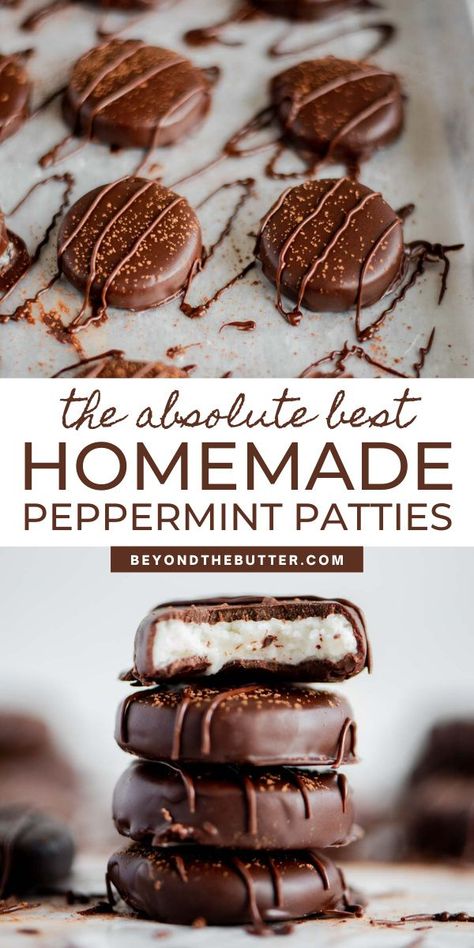 You will never want to go back to store bought once you've tried these Homemade Peppermint Patties! They have a creamy peppermint center that's chilled then dipped into a rich, melted chocolate. They're easy to make and are absolutely delicious! Recipe on BeyondtheButter.com | #peppermintpatties #chocolatecovered #peppermint #beyondthebutter #peppermintextract Peppermint Patty Recipe, Homemade Peppermint Patties, Easy Candy Recipes, Homemade Sweets, Butter Recipes, Candy Recipes Homemade, Christmas Candy Recipes, Bake Dessert, Oreo Dessert