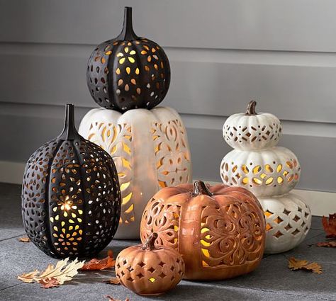 Filigree Punched Ceramic Pumpkins Halloween Decorations Indoor Scary, Pumpkin Chalkboard, Halloween Party Menu, Pumkin Decoration, Ceramic Pumpkins, Pumpkin Lamp, Pumpkin Decorating Ideas, Unique Halloween Decorations, Scary Halloween Decorations Diy