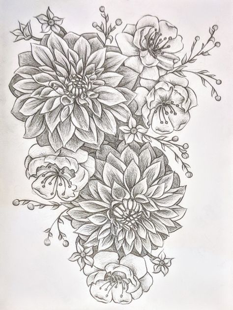 Dahlia Back Tattoo, Dahlia And Rose Tattoo, Dahlia Flower Tattoo Sleeve, Purple Dahlia Tattoo, Dahlia Tattoo Sleeve, Dahlia Hip Tattoo, Dahlia Flower Tattoo Designs, Dahlia Bouquet Tattoo, Dahlia Tattoo Shoulder