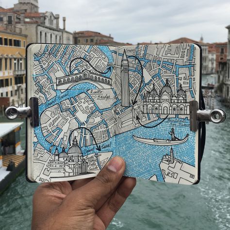 City Map Drawing of Venice, It... Drawing Italy, Voyage Sketchbook, City Map Drawing, Kunstjournal Inspiration, Map Drawing, Moleskine Art, City Sketch, Travel Sketchbook, Sketch Journal