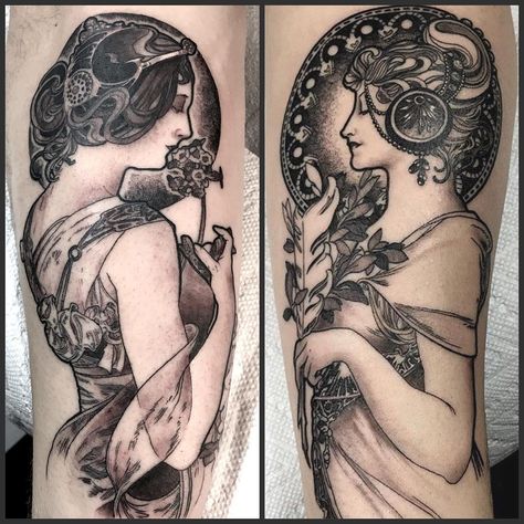 “La Primevere and la Plume (Alphonse Mucha) , work in progress   #geraldfeliciano #geraldfelicianotattoo #tattoo #tattoos #nyctattoos #Eastsideink…” Baroque Tattoo, Tattoo Guide, Art Nouveau Tattoo, Zelda Tattoo, Nouveau Tattoo, Nurse Tattoo, Knight Tattoo, Spooky Tattoos, R Tattoo