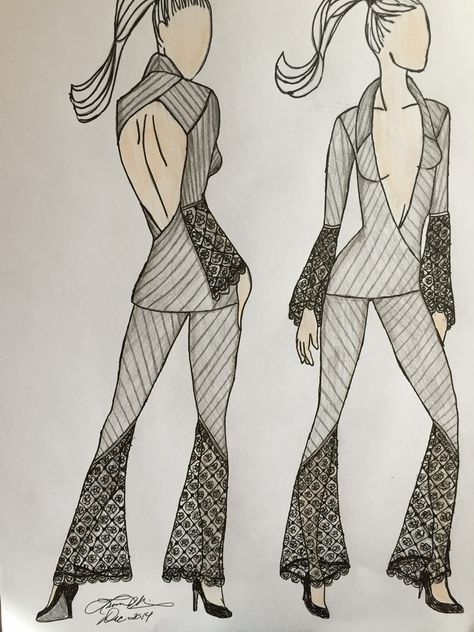 Backless Jacket, Striped Suit, Dress Illustration, Lace Pants, Blazer Dress, Fashion Illustration, New Look, Markers, Suit Jacket