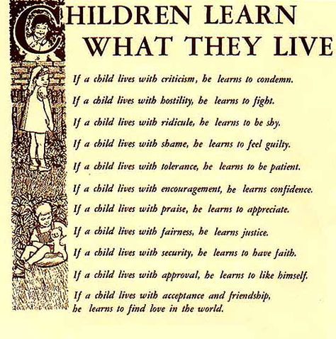 Children Learn What They Live. "One of my earliest memories as a child is of this poem by Dorothy Law Nolte. I was adopted at birth, and the judge gave a copy of the poem to my parents. It sat on my dresser in a frame, and I still have it today. If you know an expecting mother or new parents, this would make a nice, inexpensive gift. There are plenty of printable versions available online." -Anonymous Children Learn What They Live, Elisabeth Elliot Quotes, Children Book Quotes, Elisabeth Elliot, Funny Quotes For Kids, Famous Poems, Parents As Teachers, Trendy Quotes, Child Life