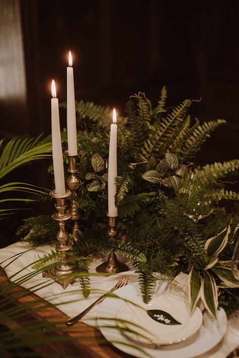 October Greenery Wedding, Ferns Table Decor, Green Taper Candles Wedding, Jungle Glam Wedding, Live Plants Wedding Decor, Forest Green Table Setting, Fern Tablescape, Ferns Wedding Decor, Fern Table Decor