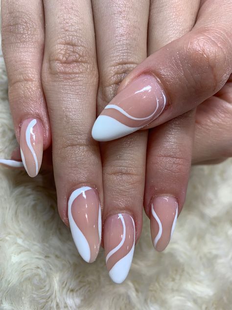 Swirl Nails And French Tip, Squiqqle Line Nails, Swoop Nail Designs, Almond Acrylic Nails Swirl Design, French Tip Twist Nails, Deep Smile Line Nails French Almond, Nails With Swirl Designs, Almond Nails Designs Graduation, Swiggly Lines Nail