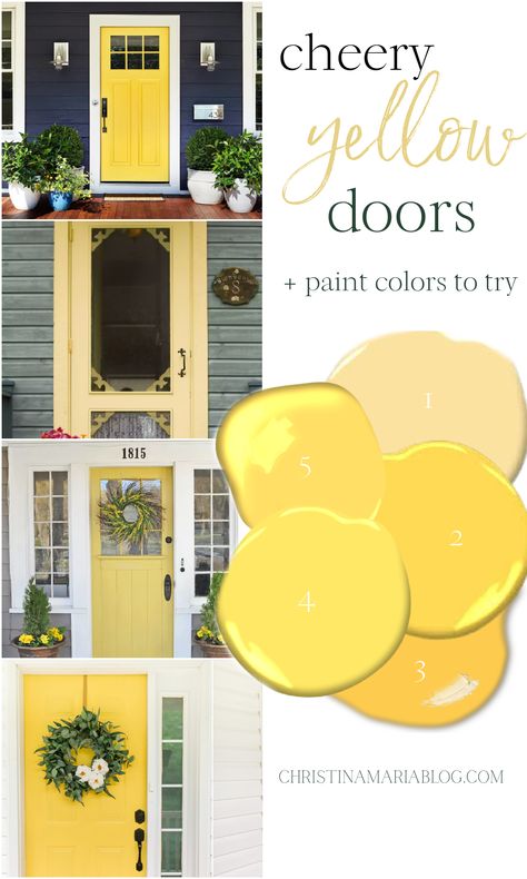 The cheeriest color: a yellow front door is welcoming, vibrant and joyful. Come see the best yellow front door design ideas and paint colors to try! Yellow Front Door Benjamin Moore, Blue Shutters Yellow Door, Sherwin Williams Yellow Paint Colors Front Door, Soft Yellow Front Door, Yellow Screen Door, Muted Yellow Front Door, Yellow Door Paint Color, Yellow Front Doors On Grey Houses, Best Yellow Exterior Paint Colors