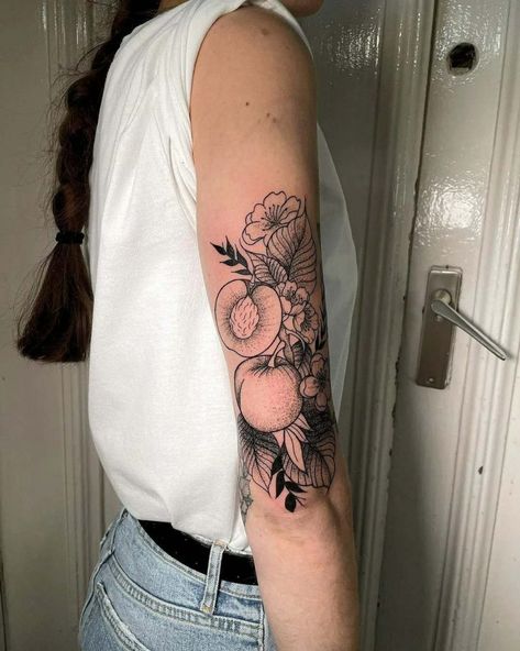 30+ Crazy Peach Tattoos with Meanings and Ideas 13 Peach Plant Tattoo, Black And White Peach Tattoo, Georgia Peach Tattoo, Peach Tree Tattoo, Peaches Tattoo, Peach Blossom Tattoo, Tattoos Of Flowers, Peach Tattoos, Flower Vine Tattoos