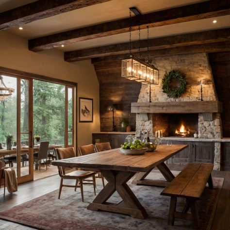 A rustic farmhouse dining room with a reclaimed wood dining table, vintage chandeliers, and exposed wooden beams, offering a warm and inviting setting. #DiningRoom #FarmhouseStyle #ReclaimedWood #VintageChandeliers #ExposedBeams Big Wooden Kitchen Table, Kitchen Dining Room Ideas Open Plan, Brick Floor Dining Room, Barndominium Dining Room, Southern Dining Room Ideas, Dining Table Next To Kitchen, Dinning Room With Fireplace, Ranch Style Dining Room, Rustic Lodge Dining Room