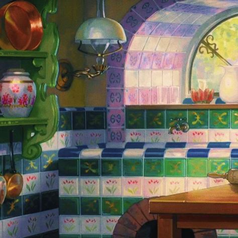 Howls Moving Castle Still, Howl's Moving Castle Room Aesthetic, Howl's Moving Castle Bathroom, Howl's Moving Castle Kitchen, Howls Moving Castle House Aesthetic, Studio Ghibli House Interior, Howls Moving Castle Room Aesthetic, Howls Moving Castle Aesthetic Room, Howls Room Aesthetic