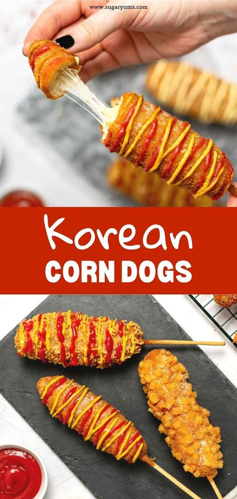 Cheesy Korean corn dogs with cheese middle and different toppings Korean Hot Dog Recipe, Korean Corn Dog Recipe, Korean Potatoes, Homemade Corndogs, Korean Corn, Ramen Toppings, Easy Korean Recipes, Corndog Recipe, Cubed Potatoes