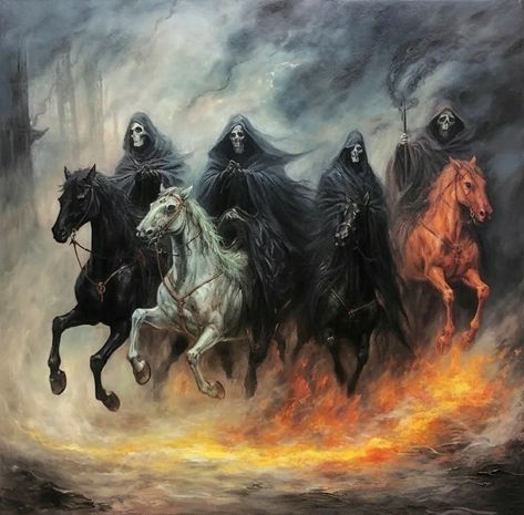 Four Horsemen Of The Apocalypse Tattoo, Demonic Creatures, Apocalypse Tattoo, Arte Heavy Metal, Four Horsemen Of The Apocalypse, Four Horseman, The Four Horsemen, Nature Tattoo Sleeve, Grim Reaper Art