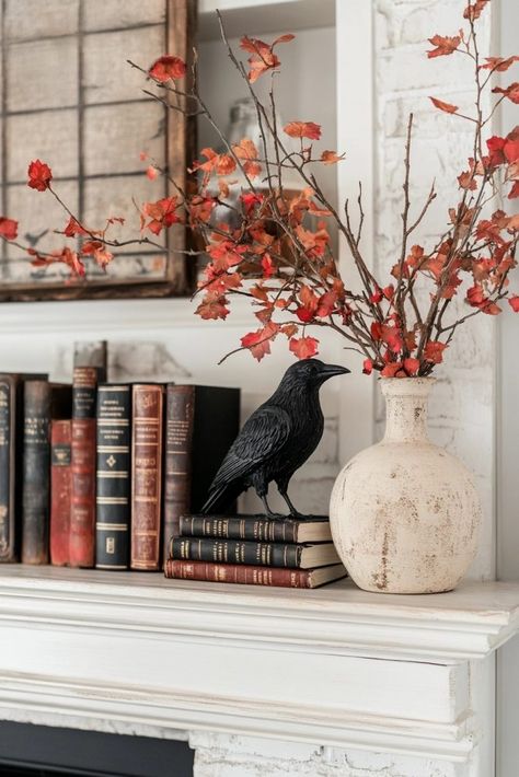 Halloween Decor Bookshelf, New England Halloween Decor, Halloween Book Decor, Halloween Hutch Decor, Halloween Interior Design, High Shelf Decorating Ideas, Fall Mantles Ideas, Halloween Mantle Decor With Tv, Halloween Bookshelf Decor