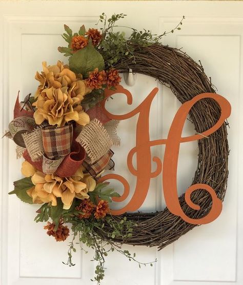 Fall Wreath for Front Door / Fall Hydrangea Wreath with Initial / Monogram Fall Wreath / Initial Wre Wreath With Letters Initials, Initial Wreaths For Front Door, Fall Letter Wreaths For Front Door, Wreaths For Front Door With Initial, Front Door Wreaths With Initial, Fall Wreath With Initial, Fall Monogram Wreaths For Front Door, Initial Fall Wreath, Wreath With Initial