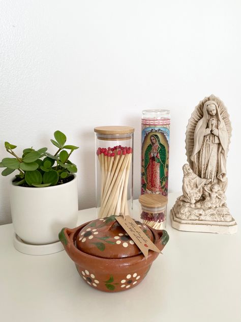 Guadalupe Altar, Modern Mexican Decor, Mexican Aesthetic, Modern Mexican Home, Mexican Interior Design, Home Altar Catholic, Spanish Home Decor, Room Organization Bedroom, Catholic Decor