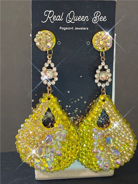 Custom Pageant Earrings Realqueenbee Boutique Pageant Jewelers Pageant Jewelry, Pageant Earrings, Earrings Prom, Custom Chandelier, Real Queens, Prom Earrings, Canary Yellow, Clear Crystals, Earrings Long