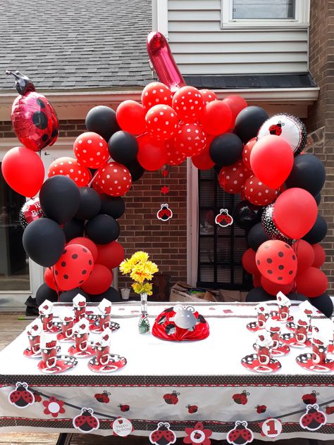 Ladybug Balloon Arch, 1st Birthday Balloon Arch, Ladybug Theme Party 1st Birthdays, 1st Birthday Ladybug Theme, Ladybug Baby Shower Decorations, Ladybug 1st Birthday, Birthday Balloon Arch, Pink Ladybug Birthday, Lady Bug First Birthday Girl