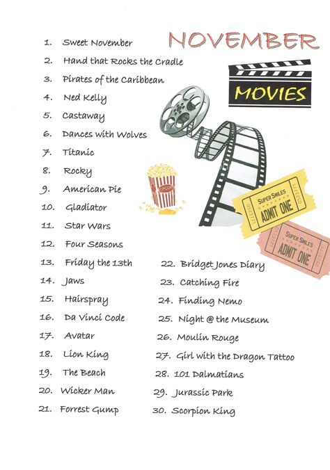 Movie Challenge November Watch List, August Movie List, November Movies List, November Movie List, November Movies, January Movies, Best Fall Movies, November Goals, Movie Playlist