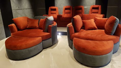 Valentino leather for luxurious custom-built theater chairs Cuddle Couch, Bonus Room Design, White Leather Chair, Home Theater Room Design, Theater Room Design, Home Cinema Room, Custom Chair, Home Theater Rooms, Home Theater Design