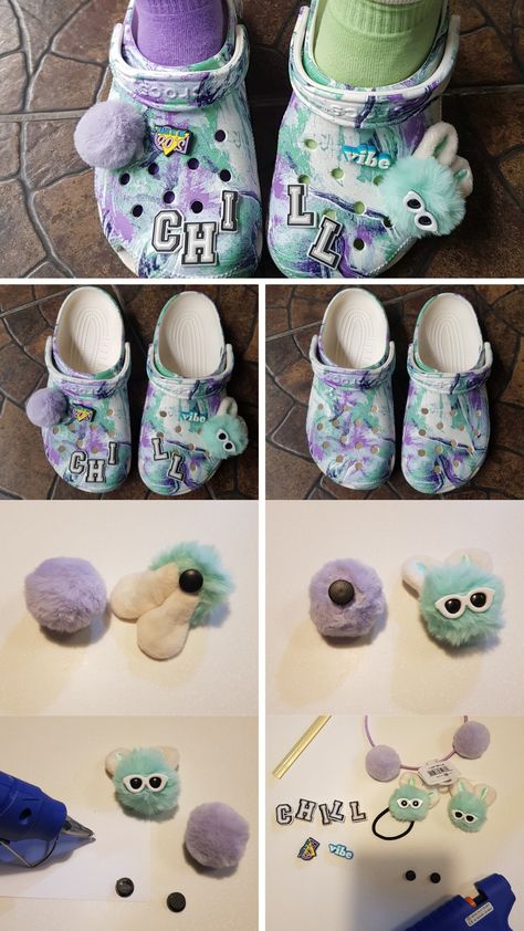 Lavender pompom jibbitz, mint green bunny pompom jibbitz, made in the 90s jibbitz, vibe jibbitz and letter jibbitz forming CHILL on a multicolor crocs, out of this world II mint green and lavender color combination. B Day Gifts, Glue Gun, Hair Tie, My Business, Kids Accessories, It Girl, Hair Ties, Don't Worry, Color Me