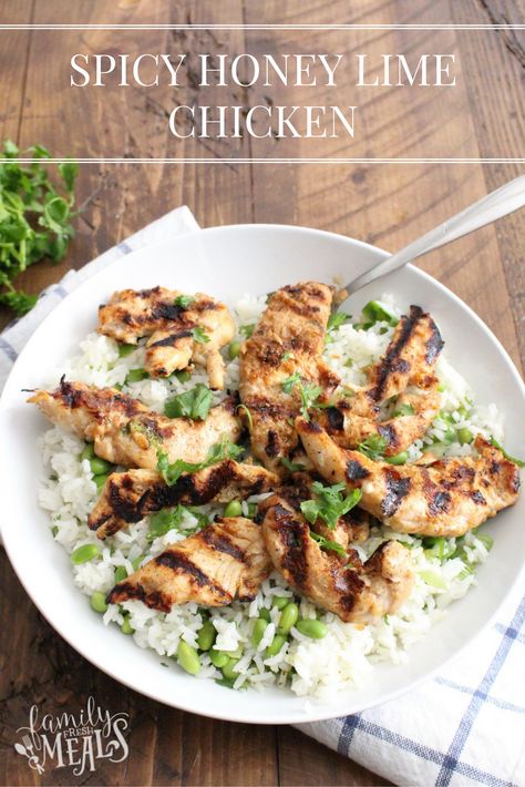 Spicy Honey Lime Chicken and Edamame Rice Edamame Rice, Edamame Recipes, Lime Chicken Tacos, Lime Chicken Recipes, Honey Lime Chicken, Family Fresh Meals, Spicy Honey, Honey Lime, Honey Garlic Chicken