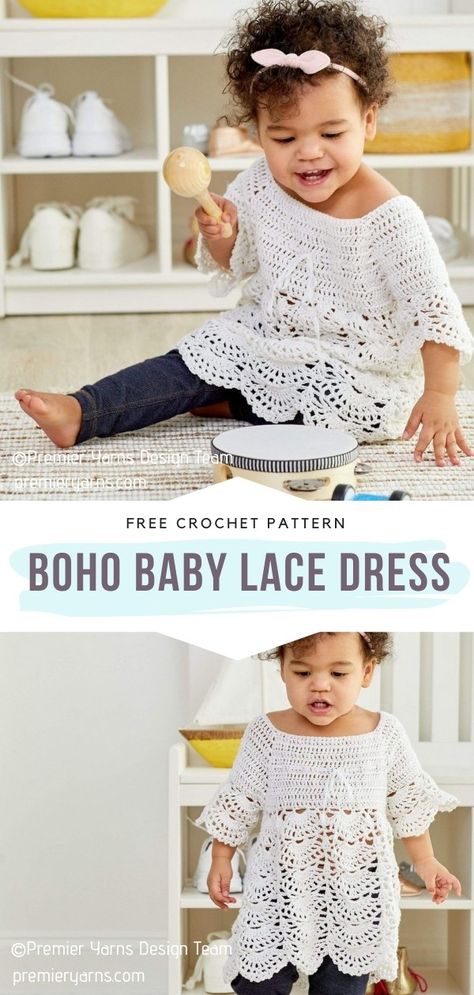 Boho Baby Lace Dress Free Crochet Pattern What a beautiful dress by Premier Yarns Design Team! Lacy and lovely, that's for sure. #crochetbabydress #freecrochetpattern Lace Dress Pattern, Crochet Toddler Dress, Boho Toddler, Baby Lace Dress, Baby Lace, Baby Dress Pattern, Crochet Baby Dress Pattern, Crochet Toddler