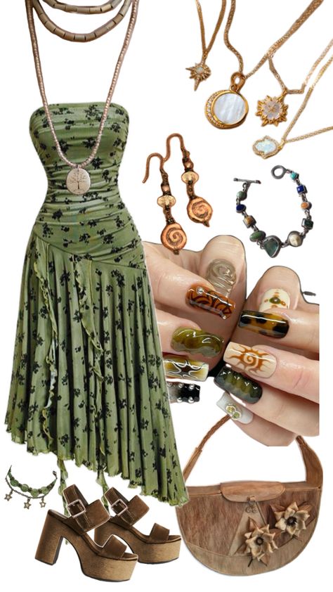 Earthy elegant look green dress gold earthy jewelry tan purse nature lover inspired green brown heels earrings necklaces bracelets anklet Tan Purse, Earthy Jewelry, Earthy Outfits, Casual Outfit Inspiration, Hippie Style Clothing, Elegant Look, Dress Gold, Brown Heels, Swaggy Outfits