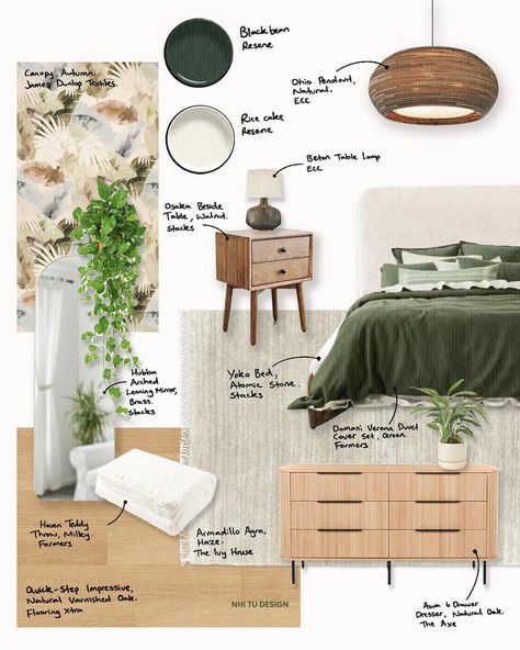 Suburban Refresh: primary bedroom mood board🦚✨ A moody green bedroom paired with light neutral tones, giving a cosy yet refreshing ambiance. A perfect space to relax after a busy day in the suburbs. Photoshop + Procreate • • • #homedesign #design #architecture #archilover #archidesign #interior #exterior #digitalvisualisation #illustration #designer #render #sketchup #illustrator #procreate #photoshop #moodboard #material #furniture #colourscheme Procreate Mood Board, Bedroom Material Board, Green Bedroom Mood Board, Moody Green Bedroom, Bedroom Mood Board, Moody Green, Archi Design, Eco Luxury, Material Board