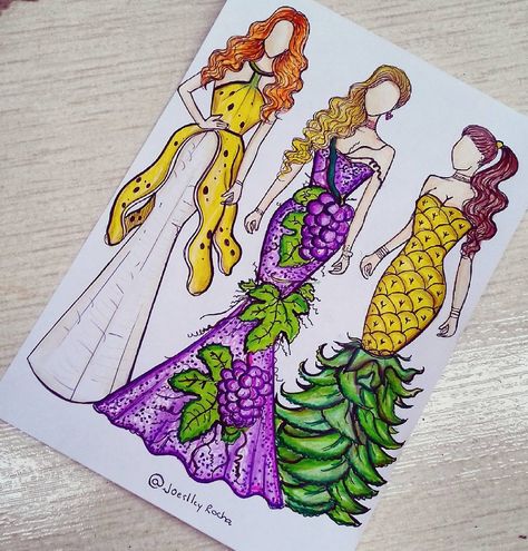 Banana, grapes & pineapple (Fashion by JoeslleyRocha @Instagram) #Fruit App Drawings, Social Media Drawings, Social Media Art, Pineapple Dress, Fashion Student, Dress Art, Girly Drawings, Fashion Illustration Sketches, Dress Drawing