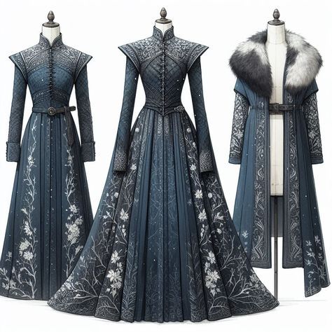 House Stark Dress, Game Of Thrones Inspired Outfits, Fantasy Winter Outfits, Fantasy Royal Clothing, Winterfell Dress, Sansa Stark Dress, Stark Dress, Stark Oc, Westeros Fashion