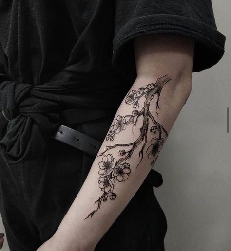 Black Vine Tattoo, Blacked Out Tattoo, Cherry Blossom Tattoo Black, Japanese Tree Tattoo, Cherry Blossom Tattoo Men, Tomboy Tattoo, Rose Vine Tattoos, Sakura Tattoo, Birthday Tattoo