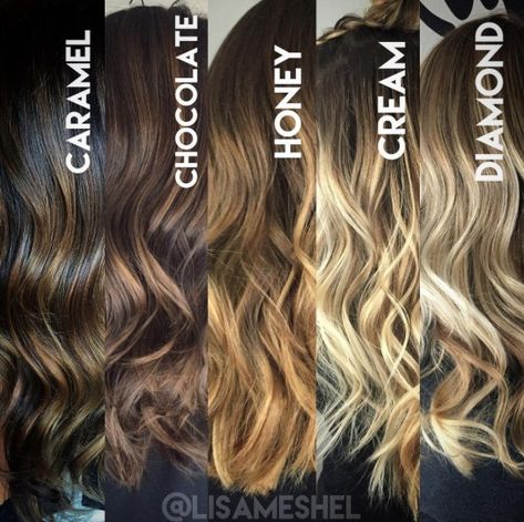 Natural Blonde Balayage, Honey Hair Color, Hair Color Chocolate, Blond Balayage, Brunette Balayage, Hair Color Chart, Balayage Color, Hair Color Light Brown, Ombré Hair