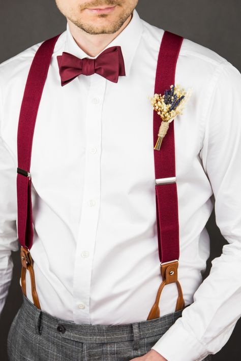 Red Bow Tie And Suspenders, Leather Suspenders Wedding, Red Tie Men, Groom Suspenders, Wedding Suspenders, Suspenders Outfit, Red Suspenders, Ivory Bridesmaid Dresses, Suspenders Wedding