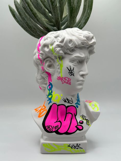 Statue Of David, Painted Concrete, Topic Ideas, Graff Art, Colorful Planters, Sculpture Head, Concrete Statues, 2023 Art, Glam Bedroom