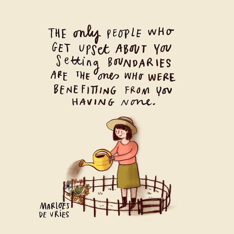 📷 @marloesdevee Boundary setting can be really uncomfortable- especially at first, and especially when we feel (or we are told) that our boundary has now made life more difficult for someone else. However, getting a bad reaction to a boundary doesn’t make it a bad boundary - in fact, it’s usually a sign that it’s a necessary boundary. ​ ​  Image description: illustration of a person, wearing a sun hat, pink too and green skirt, standing on a patch of grass inside a small circular fence, with a Set Boundaries Find Peace, Setting Boundaries Quotes, Boundaries Quotes, Flow Magazine, Personal Boundaries, Image Instagram, Set Boundaries, Setting Boundaries, Illustrators On Instagram