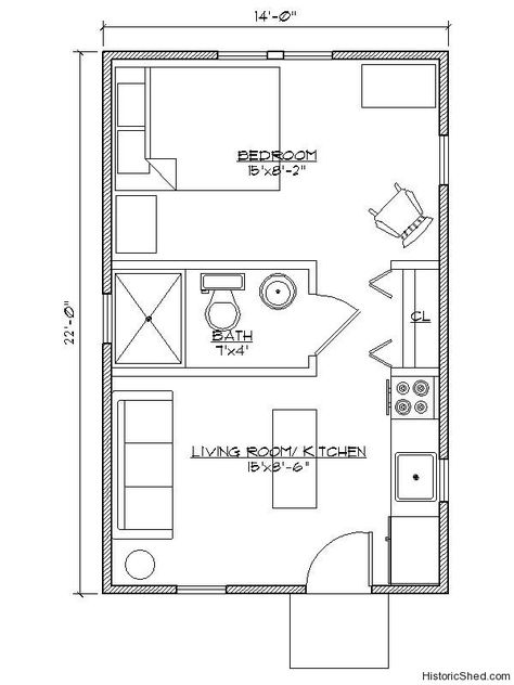 14'x22' Narrow one bedroom, one bath cottage (308 SF) by Historic Shed Guest House Plans, Granny Flats, Small Cottages, Cabin Floor Plans, Small House Floor Plans, Apartment Floor Plans, Tiny House Floor Plans, Apartment Layout, Cottage Plan