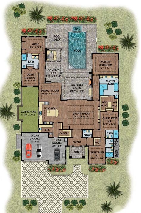 Main Floor Plan House Plans Florida, House Plans With Pool, Eco Friendly House Plans, U Shaped House Plans, Inspirational Architecture, Florida House Plans, Huge Bedrooms, Ceiling Plan, Houses Plans