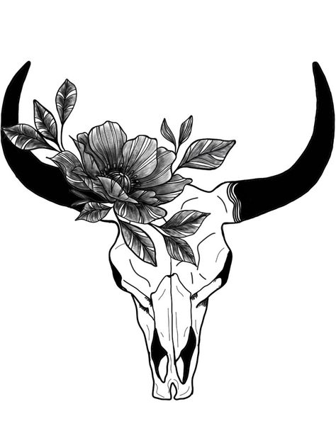 Bull And Roses Tattoo, Highland Cow Skull Tattoo, Bull Skull Tattoo With Flowers, Cow Skull Tattoo, Dreamer Tattoo, Tattoo Crane, Cow Skull Tattoos, Purple Flower Tattoos, Bull Skull Tattoos