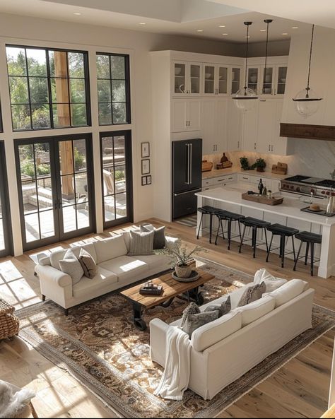 American Style House Interiors, Stylish Living Room Ideas, Traditional Farmhouse Kitchen, Home Decor Classic, Open Kitchen Layouts, Open Concept Kitchen Living Room, Timeless Home Decor, Open Kitchen And Living Room, Modern House Interior