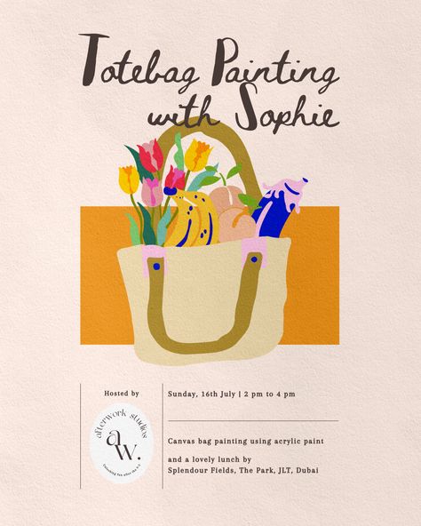 Painting Workshop Poster, Bible Study Tote Bag, Totebag Painting, Workshop Poster, Painted Canvas Bags, Posters Ideas, Dinner Party Summer, Summer Poster, Painting Workshop