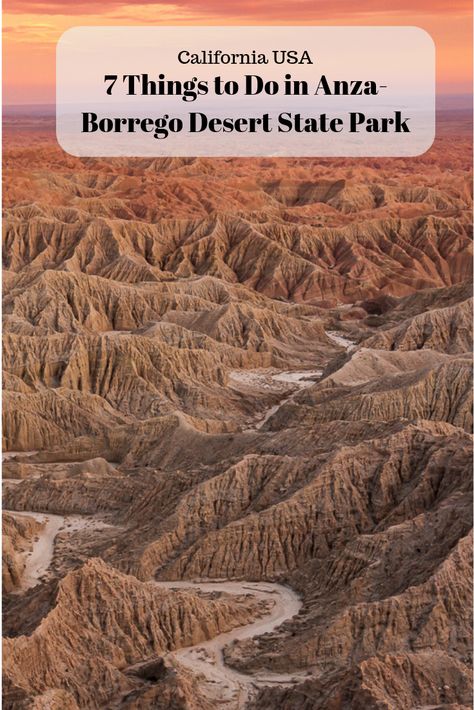 A list of things to do in the Anza-Borrego Desert State Park (California, USA) including hikes, sunset spots, wildlife and more. This is the largest state park in the contiguous US, there is a lot to do! #anzaborrego #california #desert #californiadesert Anza Borrego State Park Camping, Anza-borrego Desert State Park, Anza Borrego State Park, California State Parks, Borrego Springs, Anza Borrego, California Desert, California Travel Road Trips, List Of Things