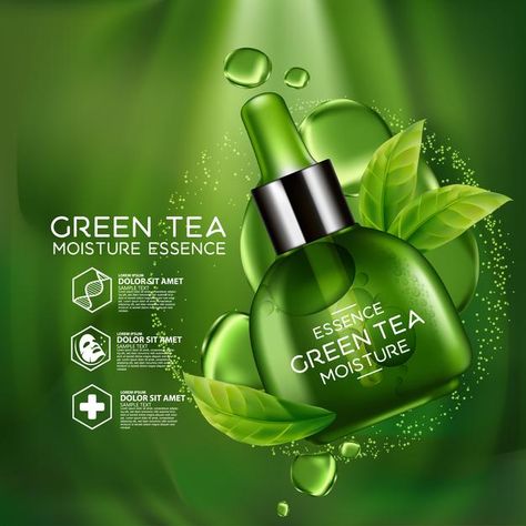 Shampoo Graphic Design, Cosmetic Green, Green Tea Serum, Beauty Branding Design, Cosmetics Poster, Cosmetics Ads, Cosmetic Poster, Tea Tree Toner, Medical Website Design