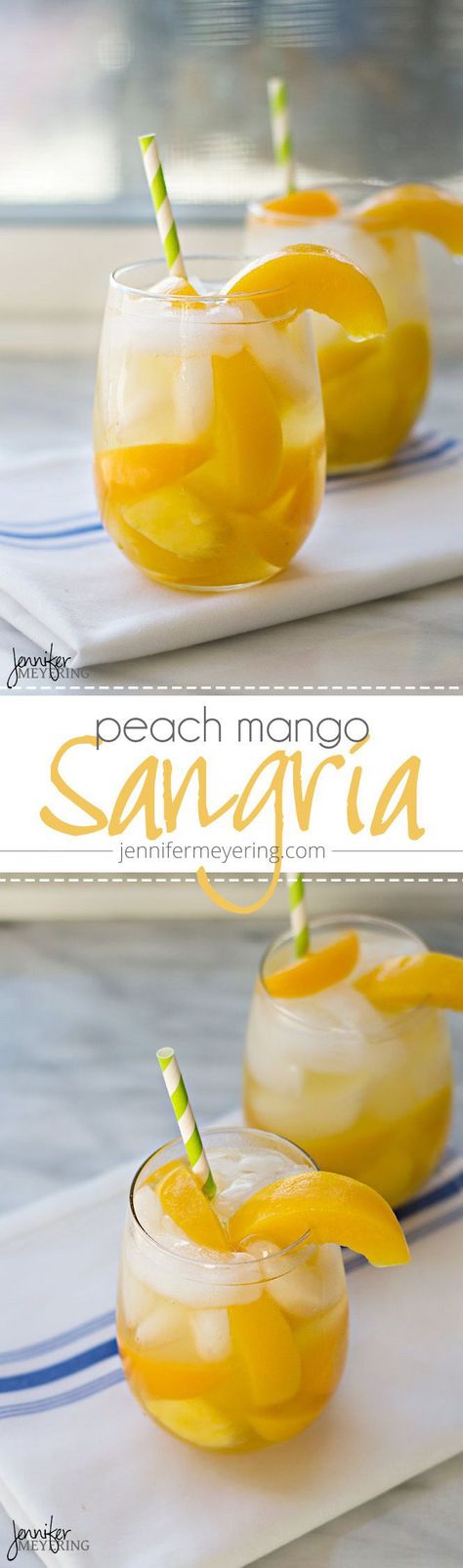 Peach Mango Sangria | JenniferMeyering.com Mango Sangria, Sangria Drink, Mango Sorbet, Mango Recipes, Sangria Recipes, Peach Mango, Drinks Alcohol Recipes, Party Drinks, Refreshing Drinks