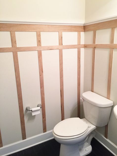 Board And Batten Bathroom, Batten Bathroom, Batten Diy, Bathroom Renovation Diy, Makeover Kamar Mandi, Diy Board And Batten, Half Bath Remodel, Bath Makeover, Downstairs Bathroom