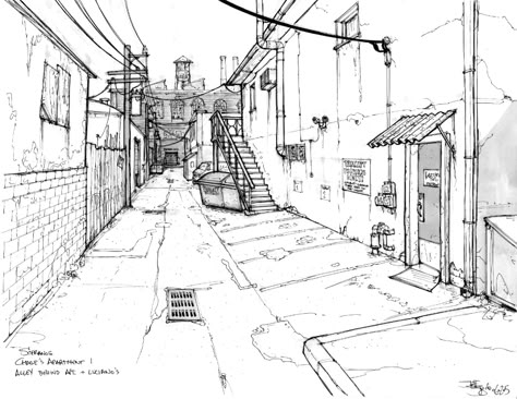 Alleyway Drawing Reference, Alleyway Sketch, Alleyway Drawing, Alleyway Background, Alley Drawing, Perspective Building Drawing, Environment Sketch, Life Drawing Reference, Perspective Drawing Lessons