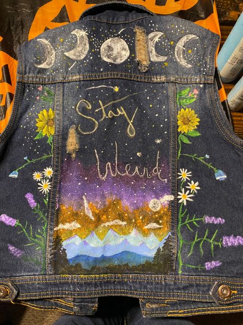 My first painted jean vest Hozier Concert, Painted Jeans, Jean Vest, Hozier, Fabric Paint, Apron, Black Jeans, Paint, Embroidery